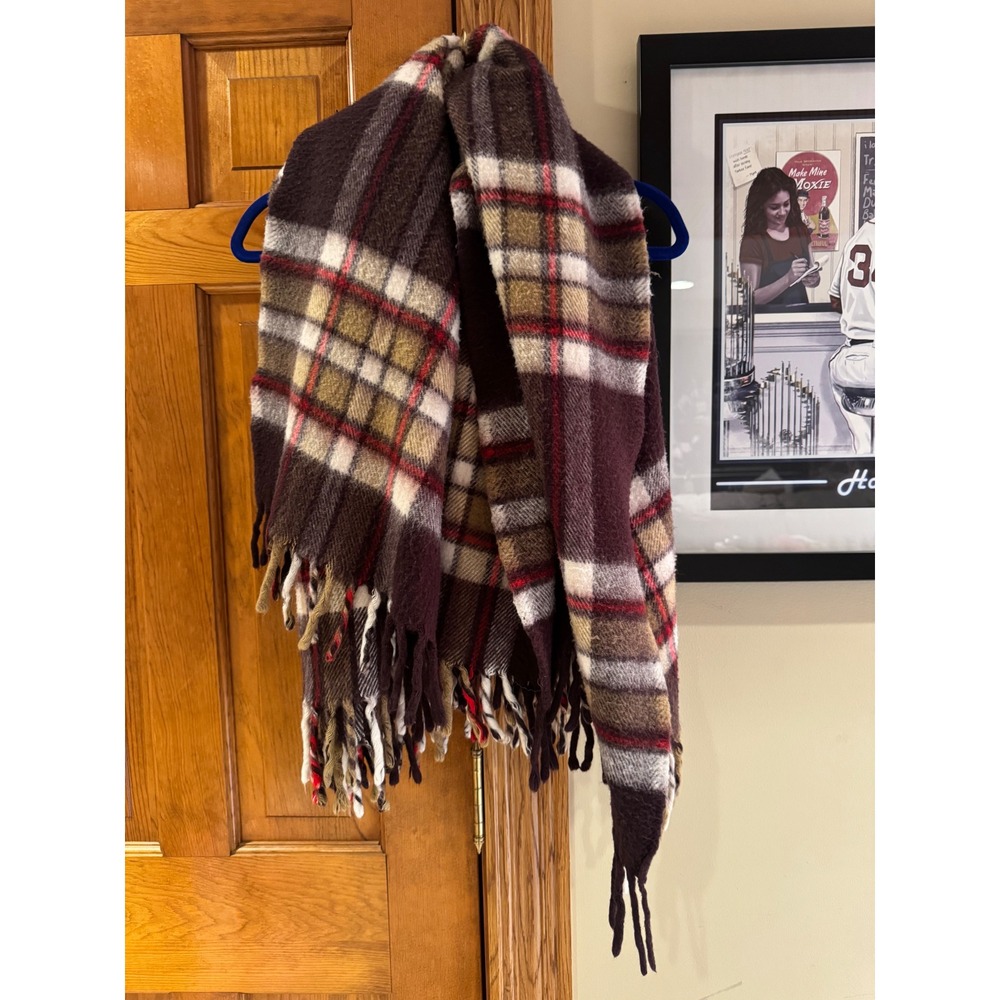 Faribault Woolen‎ Mill Faribo Plaid Blanket scarf Burgundy Tan Fringe USA Made